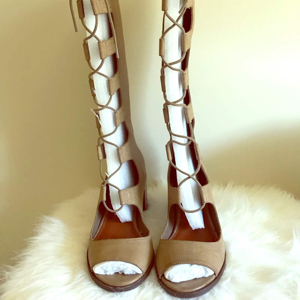 Wmn Gladiator Tall Lace Up Heels Sandal Boots Tan